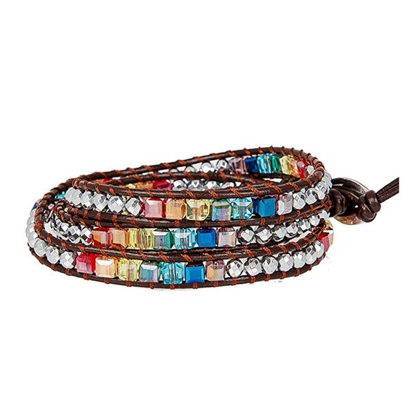 

3layers chakra transparent crystal charm bracelets hematite brown leather healing balance stone wrap bracelets for women, Black