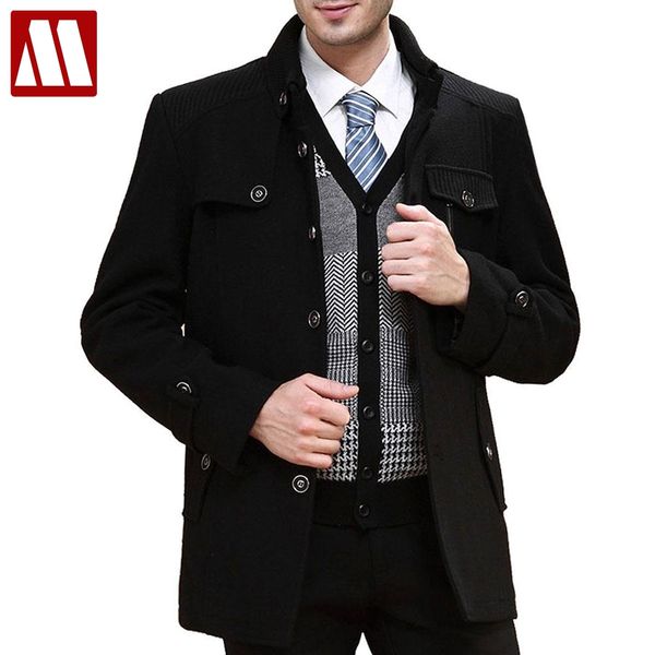 

2017 fashion men's wool coats plus size xxxl long wool winter coat brand pea trench coat autumn overcoat men drop shipping, Black