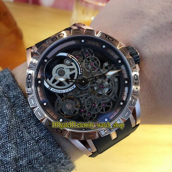 

luxury new excalibur 46 rddbex0615 skeleton dial double tourbillon japan miyota automatic mens watch rose gold case rubber strap watches, Slivery;brown