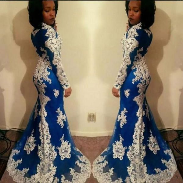 

Modest Ivory And Blue Evening Dresses Long Sleeve Lace Applique Mermaid African Prom Dress 2018 Custom Made Arabic Party Gowns