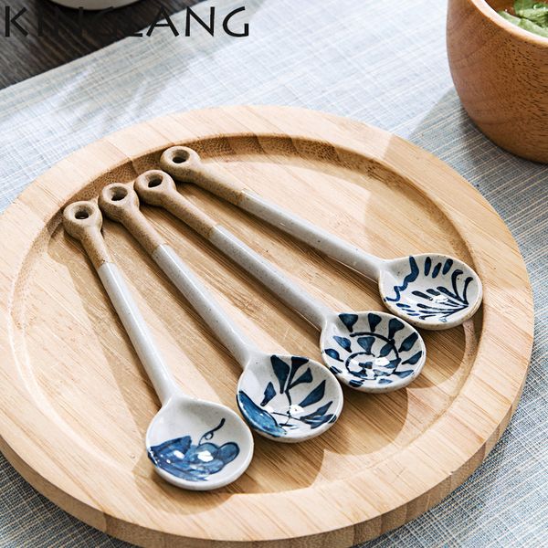 

1pc japanese style long handle ceramic dessert spoon creative coffee spoon blue and white porcelain