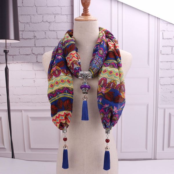 

2018 new trend printing cotton scarf women gorgeous bead pendent scarf fashion jewelry necklace ethnic female scarves shawl hot, Blue;gray