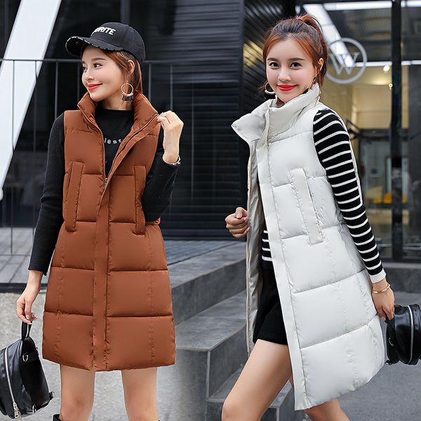 

winter long vest women 2018 autumn women's vest thicken warm cotton padded waistcoat parka stand collar sleeveless jacket, Black;white