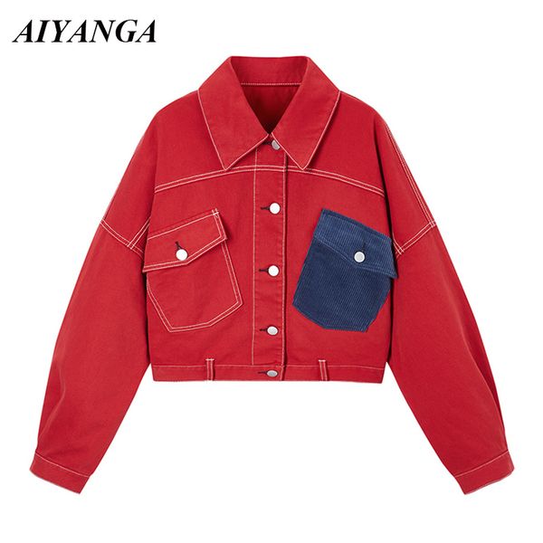 

new 2018 autumn winter short style red jackets women single-breasted casual denim outerwear fashion female loose, Black;brown