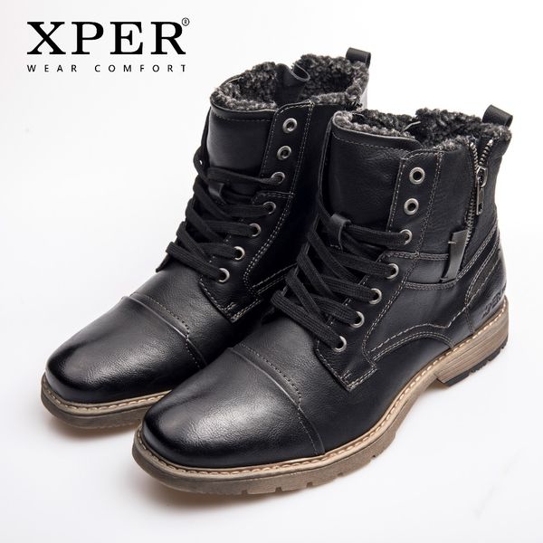 

xper black motorcycle boots men leather warm winter shoes waterproof casual men boots zipper pleated big size #xhy14003bl