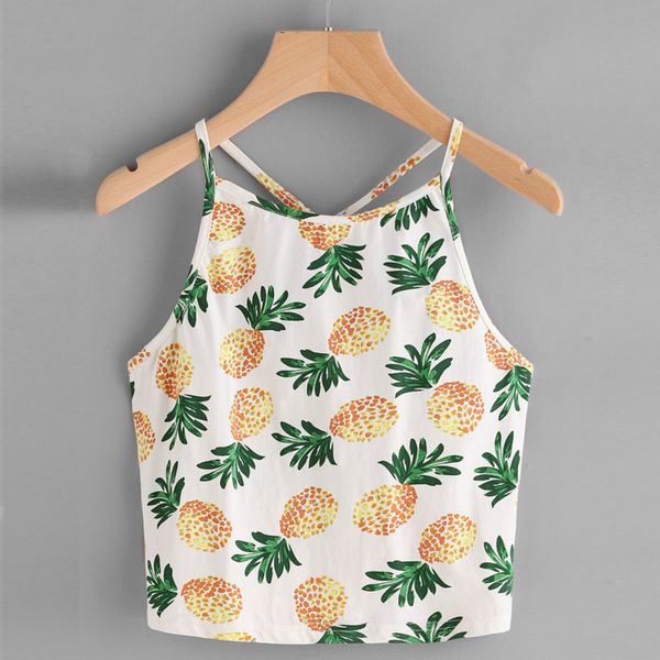 

2018 women fashion new aarrival pineapple print tank summer short halter spring summer wear, White