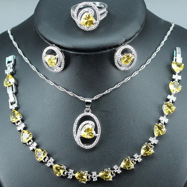 

yellow heart-shaped bridal jewelry sets for women wedding zircon silver color 925 earrings/pendants/necklace/ring/bracelet, Slivery;golden