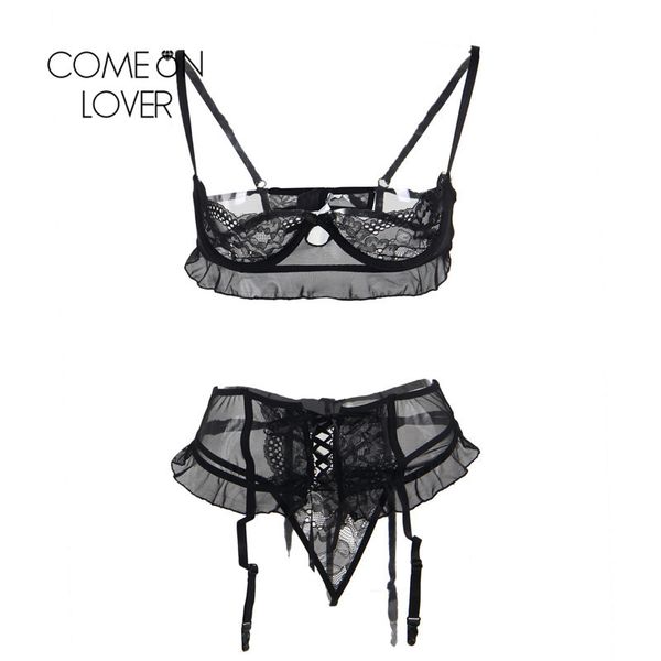 

comeonlover lenceria erotica jartiyer set exotic nightwear black lace 3 piece open crotch plus bra open cup ri80512 s18101509, Red;black