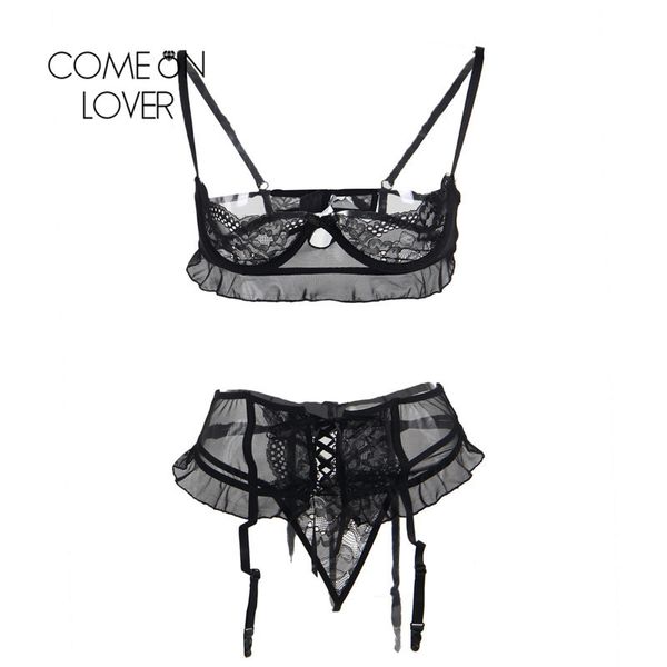 Comeonlover Lenceria Erotica Jartiyer Sexy Set, exotische Nachtwäsche, schwarze Spitze, 3-teilig, offener Schritt, plus sexy BH, offene Körbchen, RI80512, S18101509