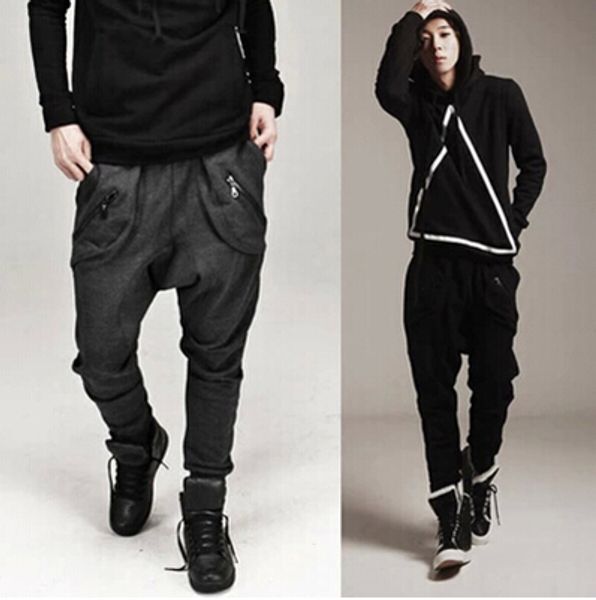 

casual pants for men fashion cool harem pants sweat pant zipper pocket design black dark gray m-xxl