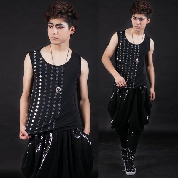 

black jazz dance men mirror nightclub vest for dj ds gogo singers male hip hop dancer sleeveless wear stage outfit dnv10463, Black;red