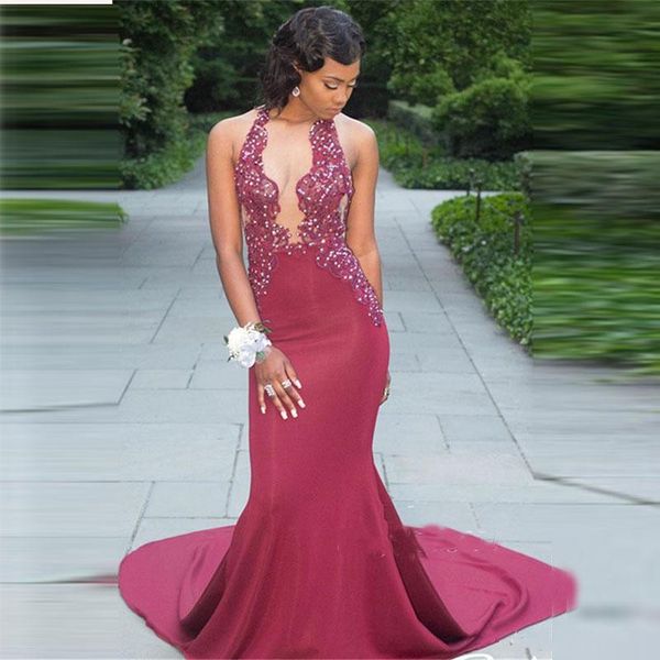 

halter mermaid dark red prom dresses appliqued beaded evening gowns long train backless formal occasion dress, Black