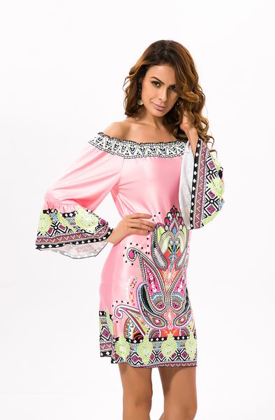 

women beach bohemia dress vintage totem ethnic print slash neck long sleeve casual - 3xl thailand summer fashion clothes, Black;pink