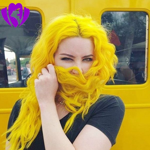 

Long wavy Yellow Color wig Heat Resistant Hair 150% Denstiy Cosplay Perruque Masquera Synthetic Lace Front Wigs for Women