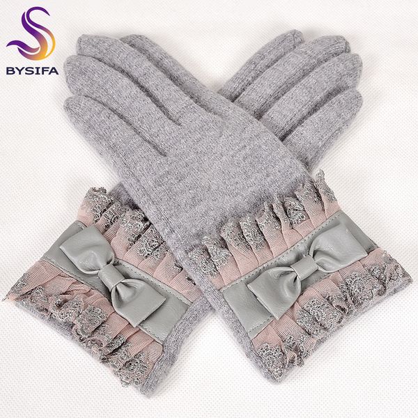 

bysifa] winter women wool gloves fashion lace embroidery ladies thick grey gloves sweet large pu bow tie soft mittens, Blue;gray