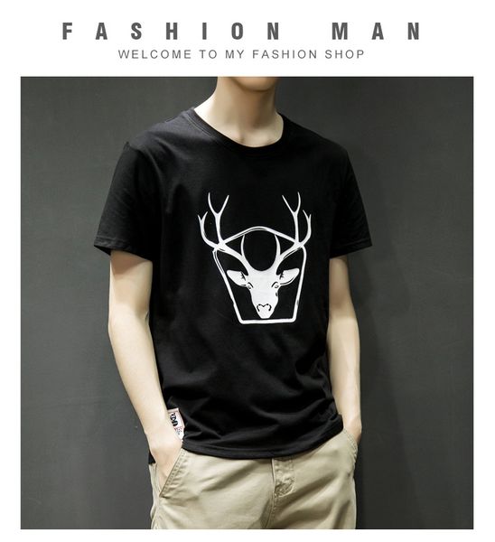 

Fashion T-shirt Brand Clothing Deer Printed Men T Shirt Summer Black White Top Tees Male Tshirt