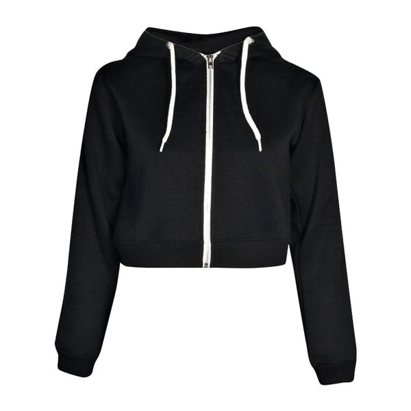 

women girls fashion autumn spring drawstring hooded long sleeve zip up crop hoodie sweatshirts, Black