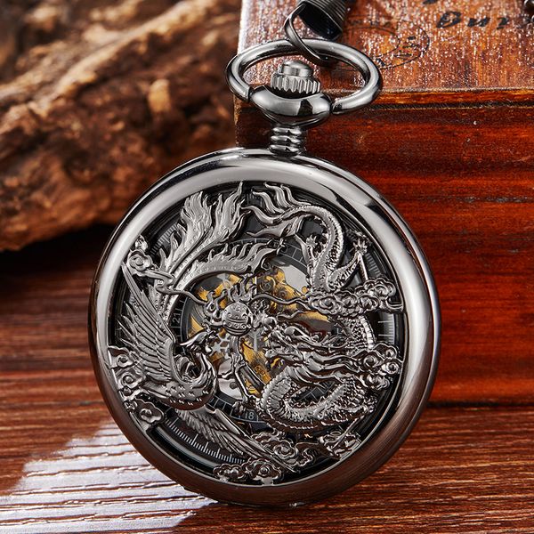 

retro black dragon and phoenix pocket watch men women clock hollow sculpture steampunk quartz pocket watch with fob chain gifts, Slivery;golden