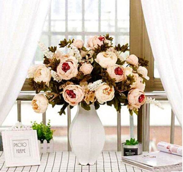 

european artificial peony romantic fake silk flowers living room, dining table decoration flowers white,pink wedding bouquet