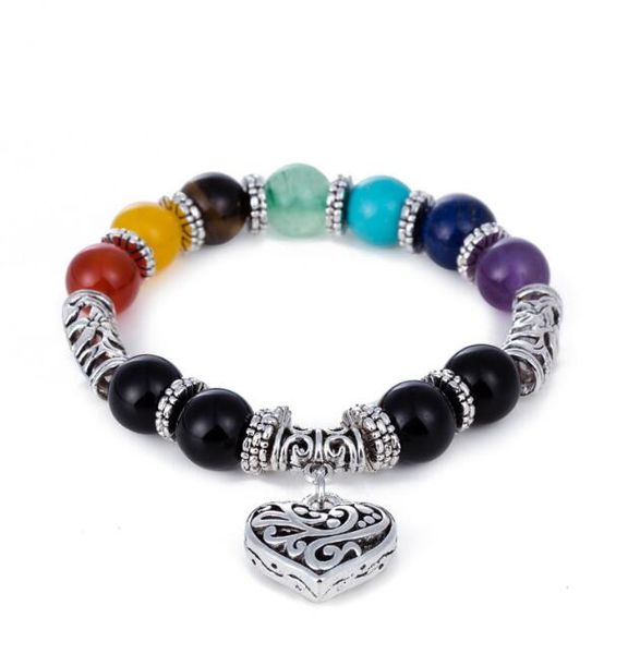 

natural stone bracelets slver chakra rainbow healing balance energy beads charm heart bracelet for men women yoga jewelry christmas gift, Golden;silver