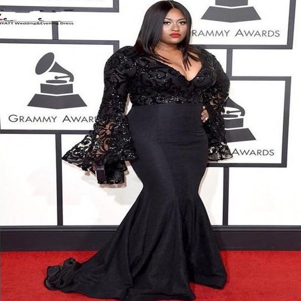 

grammy awards plus size celebrity evening dresses long sleeves jazmine sullivan sequins prom dress black lace mermaid gowns, Black;red