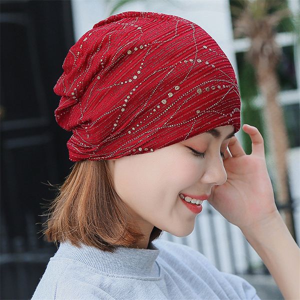 

women cotton thin lace turban hat with rhinestone soft sleep cap chemo beanies chapeaux pour les femmes gorros mujer, Blue;gray