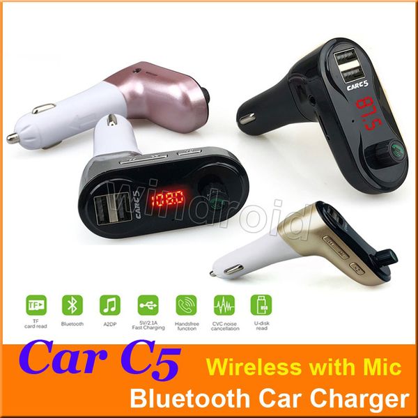 En ucuz ARABA C5 İşlevli Bluetooth Verici 2.1A Çift USB Araç şarj FM MP3 Çalar Araç Kiti Mic ile Destek TF Kart Handsfree 50 adet