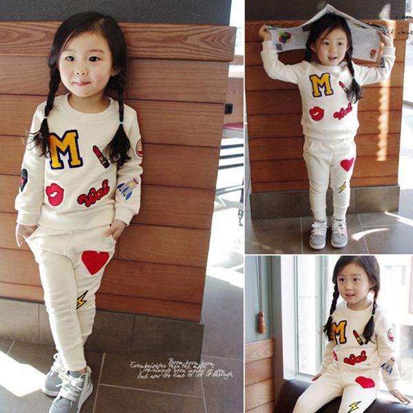 

2018 spring autumn  badges girls clothing set floral kids suit set casual two-piece sport suit for girl tracksuit children clothing, White