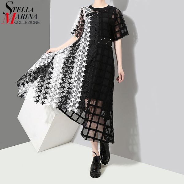 

new 2018 women summer black long lace dress short sleeve see through night party club asymmetrical dresses robe femme 3517, White;black