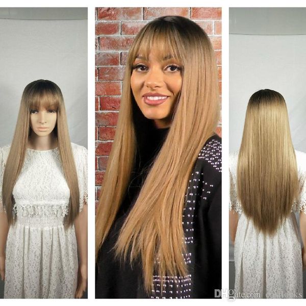 Long Straight Hair Wigs Ombre Hair Wig Heat Resistant With Bangs