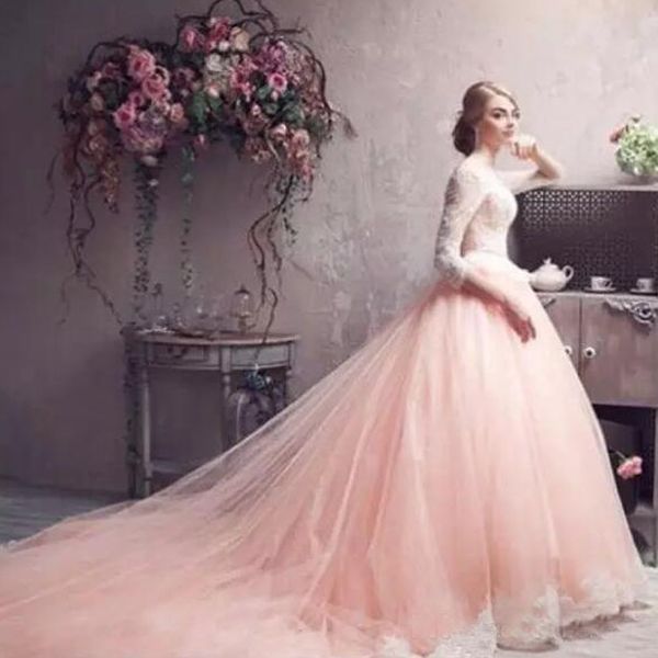 

princess blush pink ball gown a-line wedding dresses illusion 3/4 sleeves lace appliques tulle colored bridal gowns with train and peplum, White