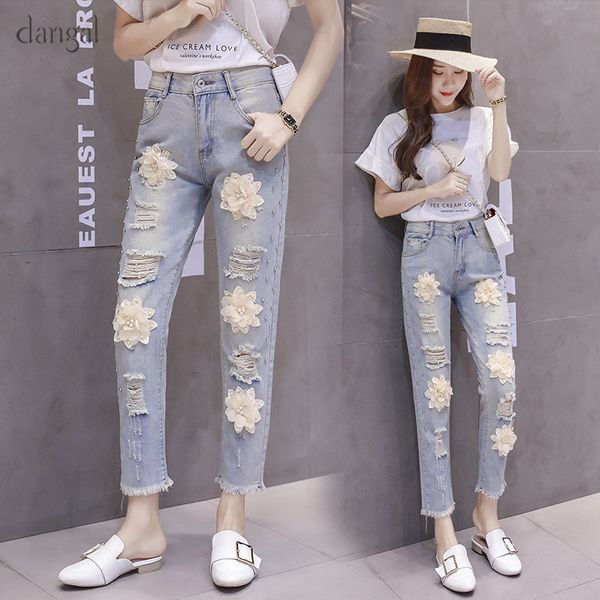 

dangal women jeans pants pencil pants jeans femme women tassel flowe beading hole washed casual pant ladies trousers 2018, Blue