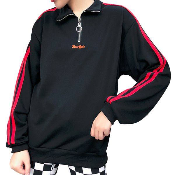 

black ring zipper neck red striped long sleeve sweatshirts pullover for women