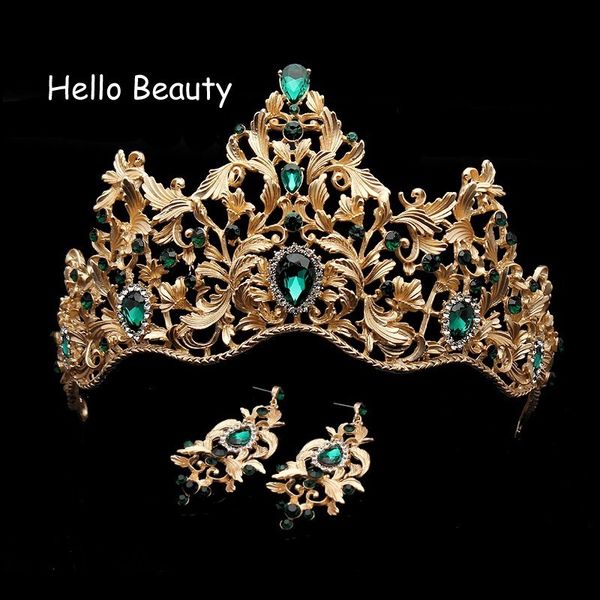 

baroque vintage green rhinestone wedding bridal princess tiara and crown crystal hair accessories queen head jewelry for bride, Slivery;golden