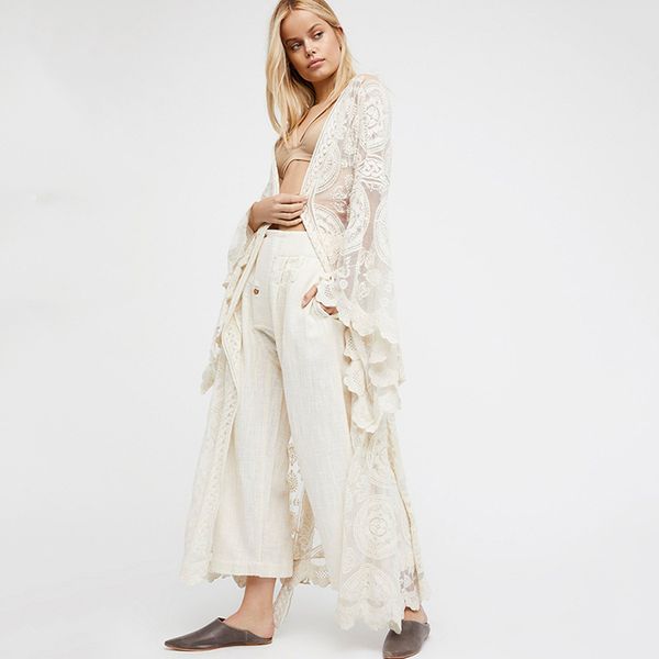 

boho women solid lace long dress transparant cardigan beach party maxi elegant robes mujer autumn spring beige dresses, Black;gray
