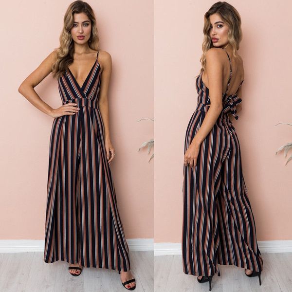 

2018 new summer floral stripe jumpsuit women strap chiffon long playsuit lady fashion casual backless sleeveless jumpsuit romper, Black;white
