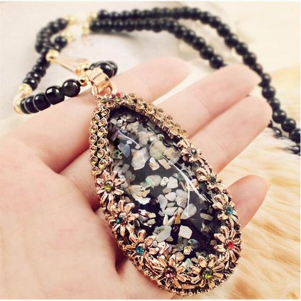 

2017 big opal stone pendant long necklace women beaded chain necklaces & pendants bijoux jewelry, Silver
