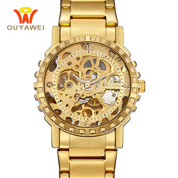 

2018 gold skeleton dial mechanical transparent watches men luxury gold mechanical hand wind luminous hands clock zegarki meskie, Slivery;brown