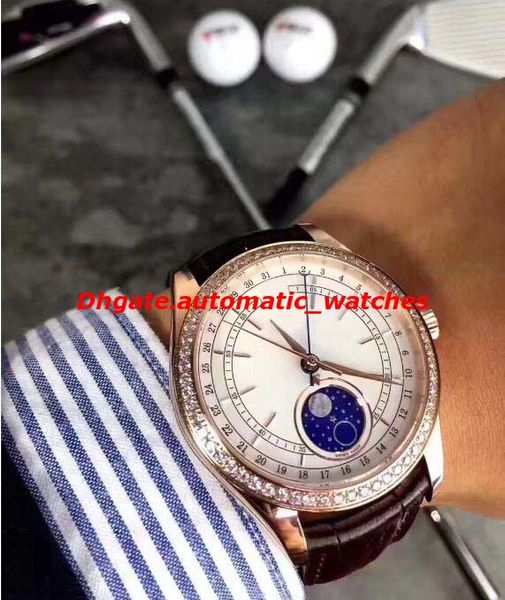 

luxury watches new 18k gold white dial diamond bezel 39mm moon phase model men's watch m50525-0002 automatic mens wristwatch new style, Slivery;brown