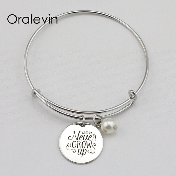 

never grow up inspirational hand stamped engraved charm pendant expandable wire bracelet bangle gift jewelry,10pcs/lot,#ln1844b, Black