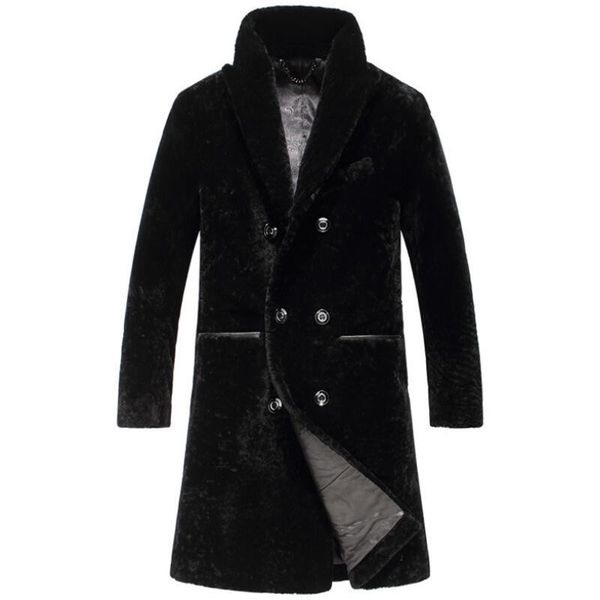 

double breasted wool long coat man winter shearling jacket, Black