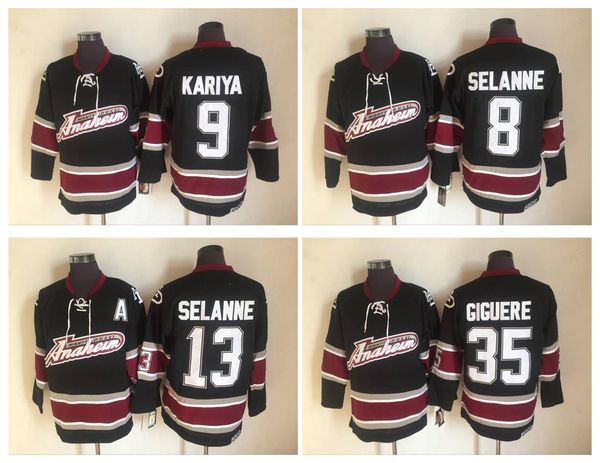 

vintage anaheim mighty ducks jersey 8 13 teemu selanne 9 paul kariya 35 jean-sebastien black men stitched ccm hockey jerseys, Black;red