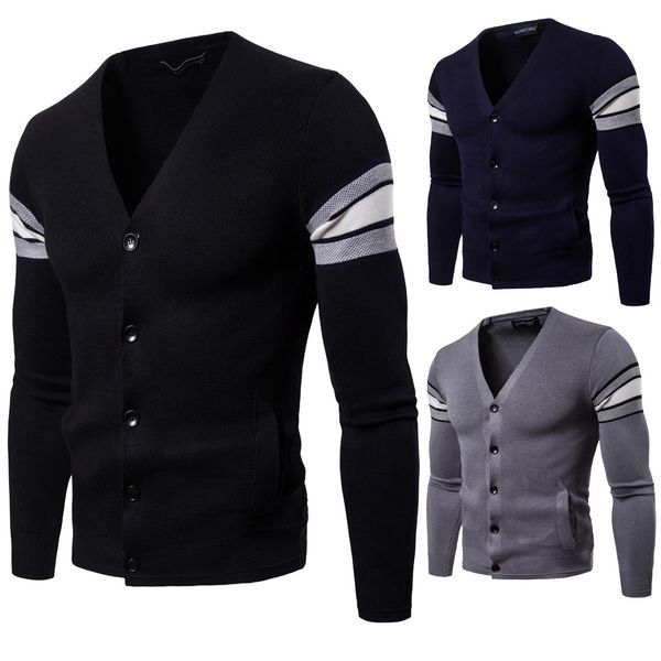 

new autumn 2018 jacket men's slim knitted cardigan v-neck sweater with undershirt -63, White;black