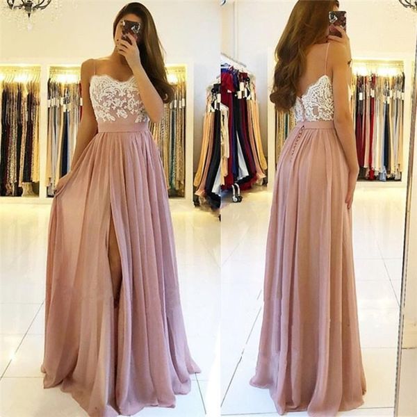 

nude pink appliques chiffon prom dresses sweetheart spaghetti straps split side floor length backless party dresses, Black
