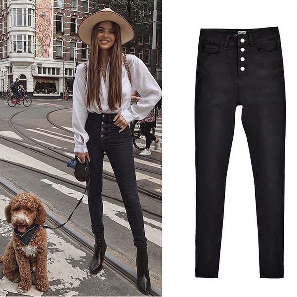 

touhonest women skinny jeans high waist casual stretch jeans cotton black pencil pants elastic pure color pocket plus size xxxl, Blue