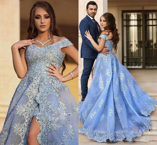 

blue off the shoulder prom dresses long cap sleeves lace appliques side split celebrity party dress count train custom made evening dress, Black