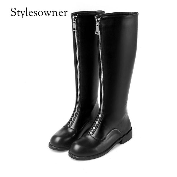 

stylesowner 2018 star style with front zipper women knee-high boot low heels round toe black fashion concise boots
