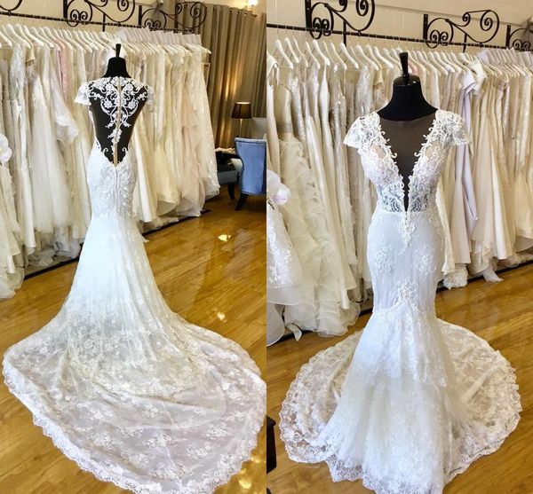 

full lace mermaid wedding dresses sheer v neck illusion back lace appliqued court train backless bridal gowns wedding dress, White