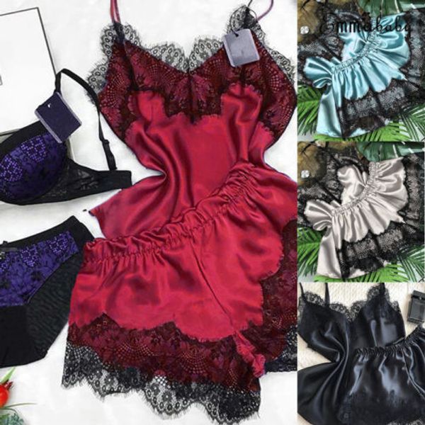 

brand 2 pieces set women satin lace sleepshirt nightgowns nightdress two pieces pants pajamas sets sleepwear, Black;red