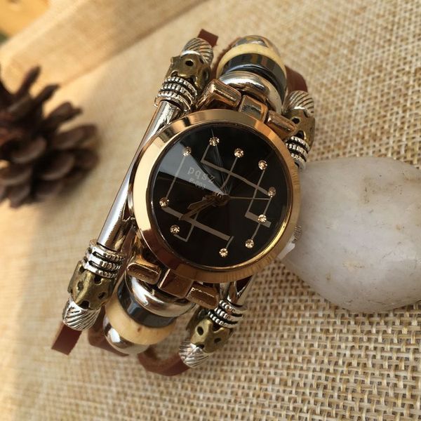 Damen Kleidung Watch Black Punk Edelstahl Verschluss Uhren Uhren Damen Armband Manschette Armbanduhr Mode Leder Quarz Diamant